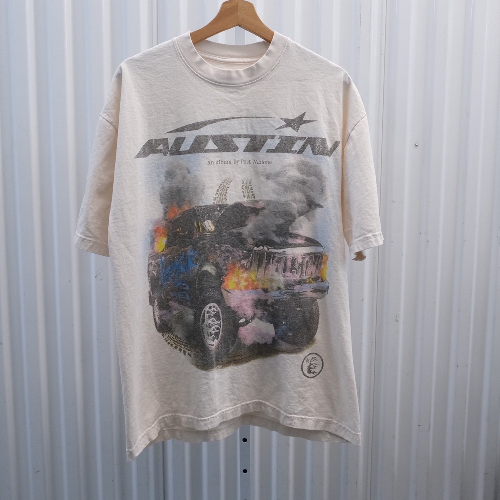 Hellstar x Post Malone Austin Album T-Shirt Men Size Large Cream Graphic T-Shirt
